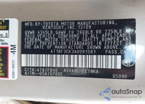 2010 Toyota Camry Le from USA, damaged, VIN 4T1BF3EK3AU091581